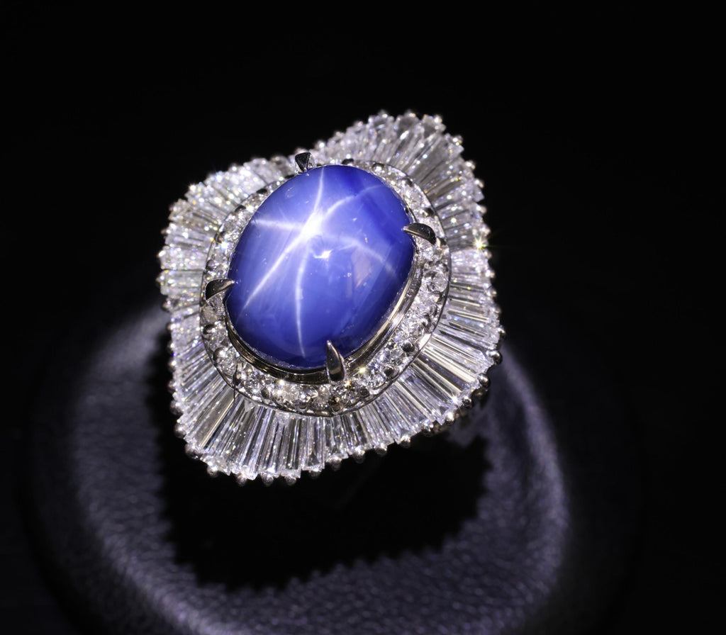 12.05ct Natural Blue Star Sapphire & 2.41ct Diamond Halo Platinum Ring, Size 5.5
