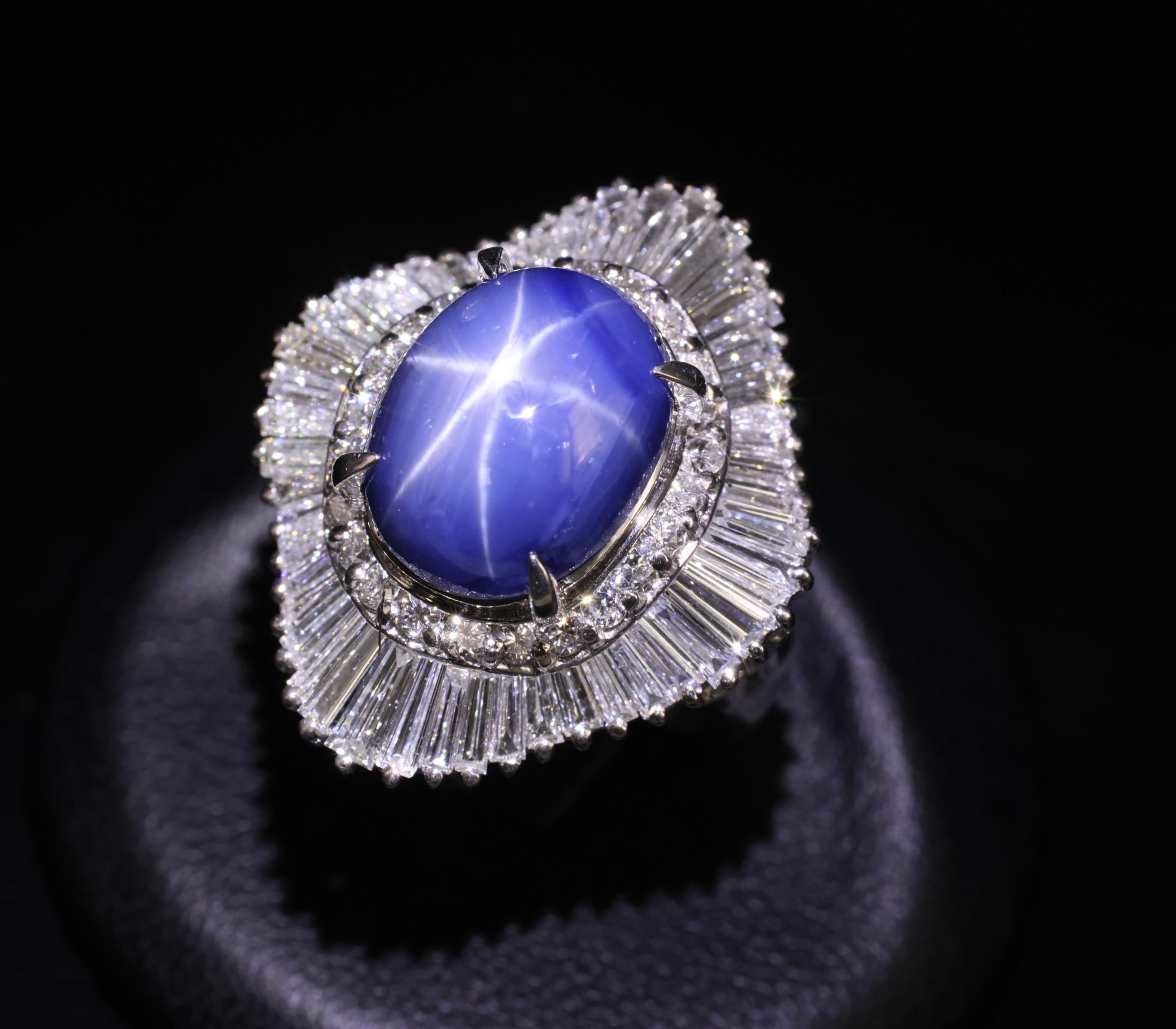 12.05ct Natural Blue Star Sapphire & 2.41ct Diamond Halo Platinum Ring, Size 5.5