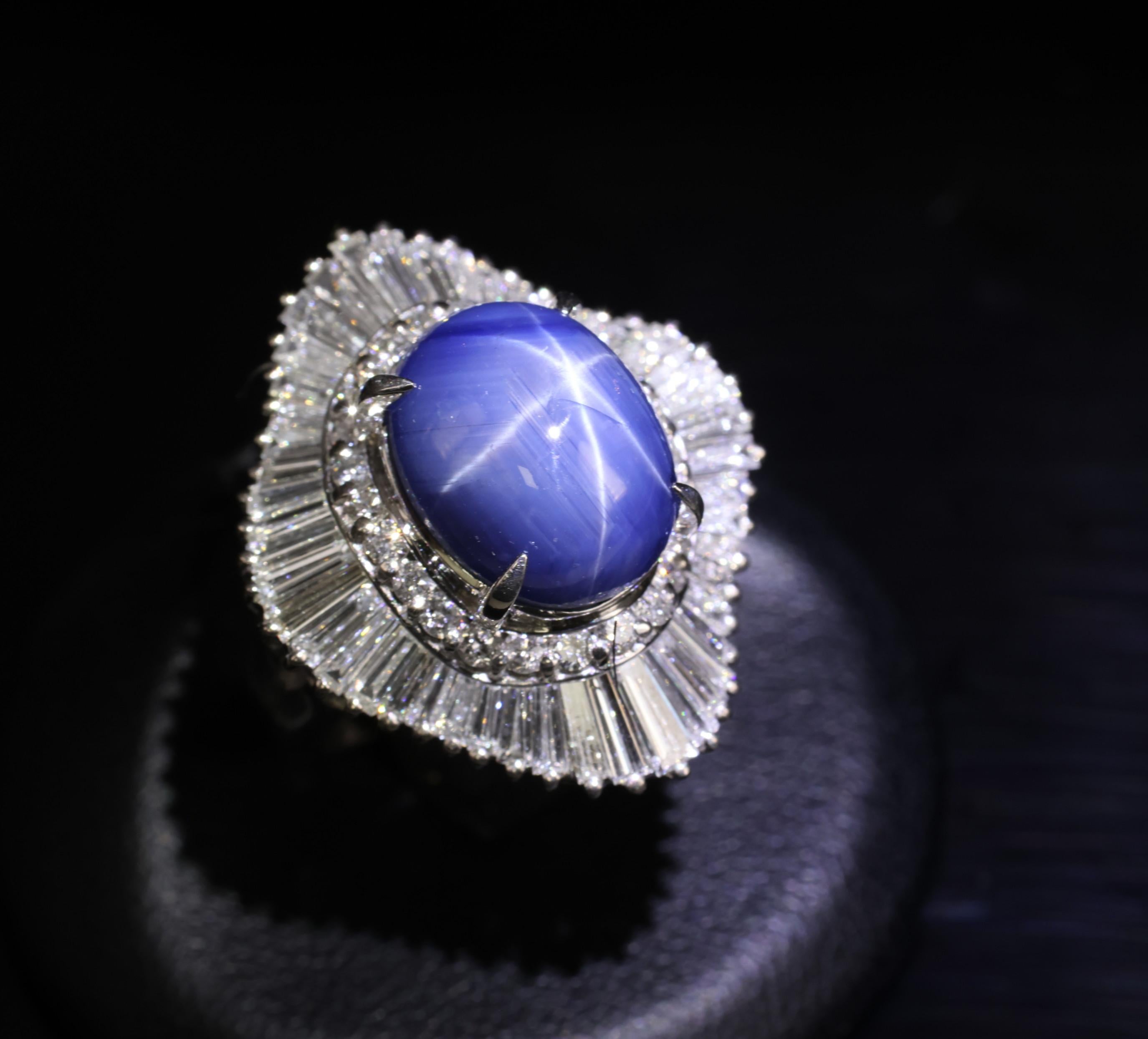 12.05ct Natural Blue Star Sapphire & 2.41ct Diamond Halo Platinum Ring, Size 5.5