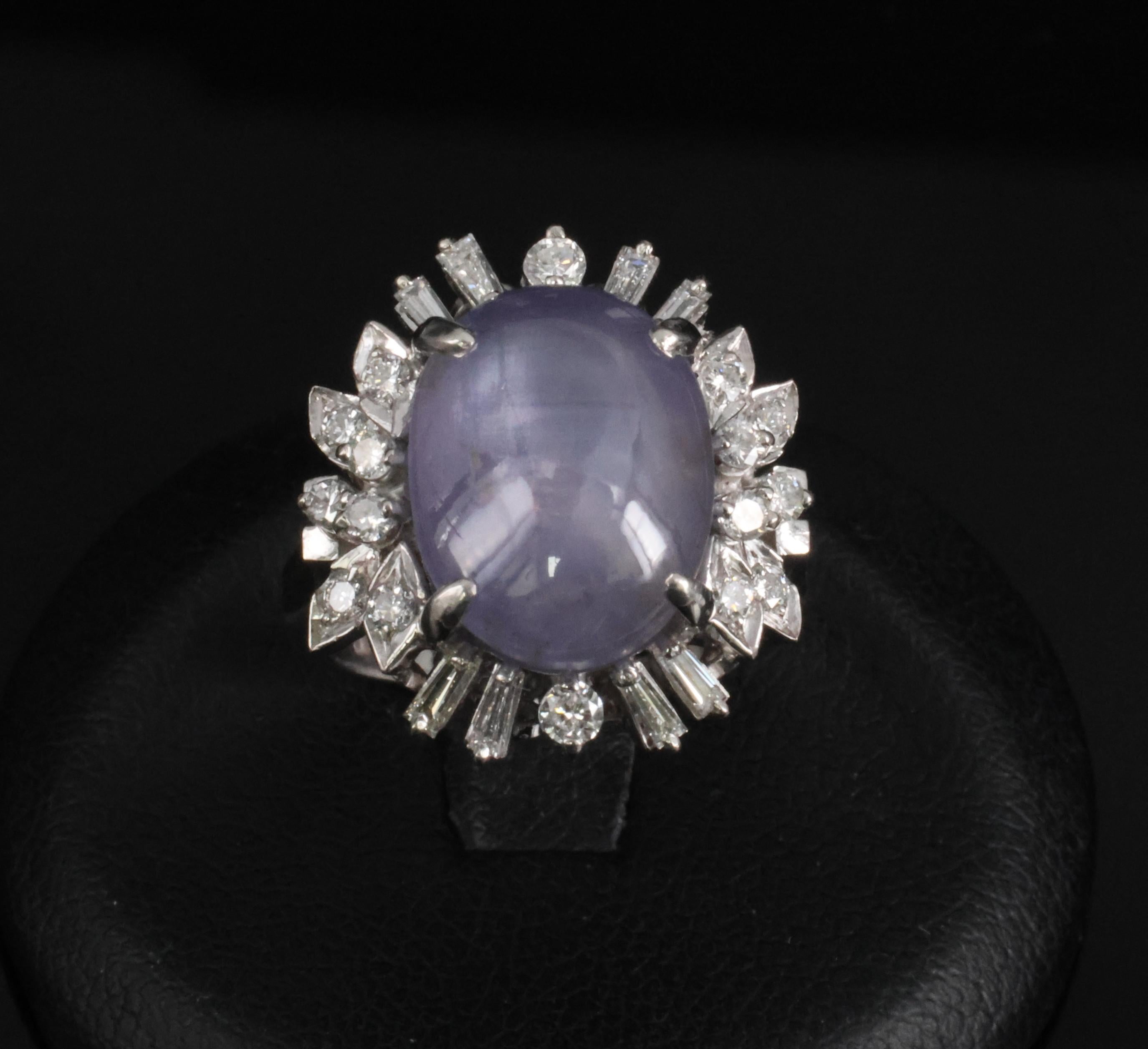 14.35ct Natural Purple Star Sapphire & 0.66ct Diamond Platinum Ring, Size 5.25