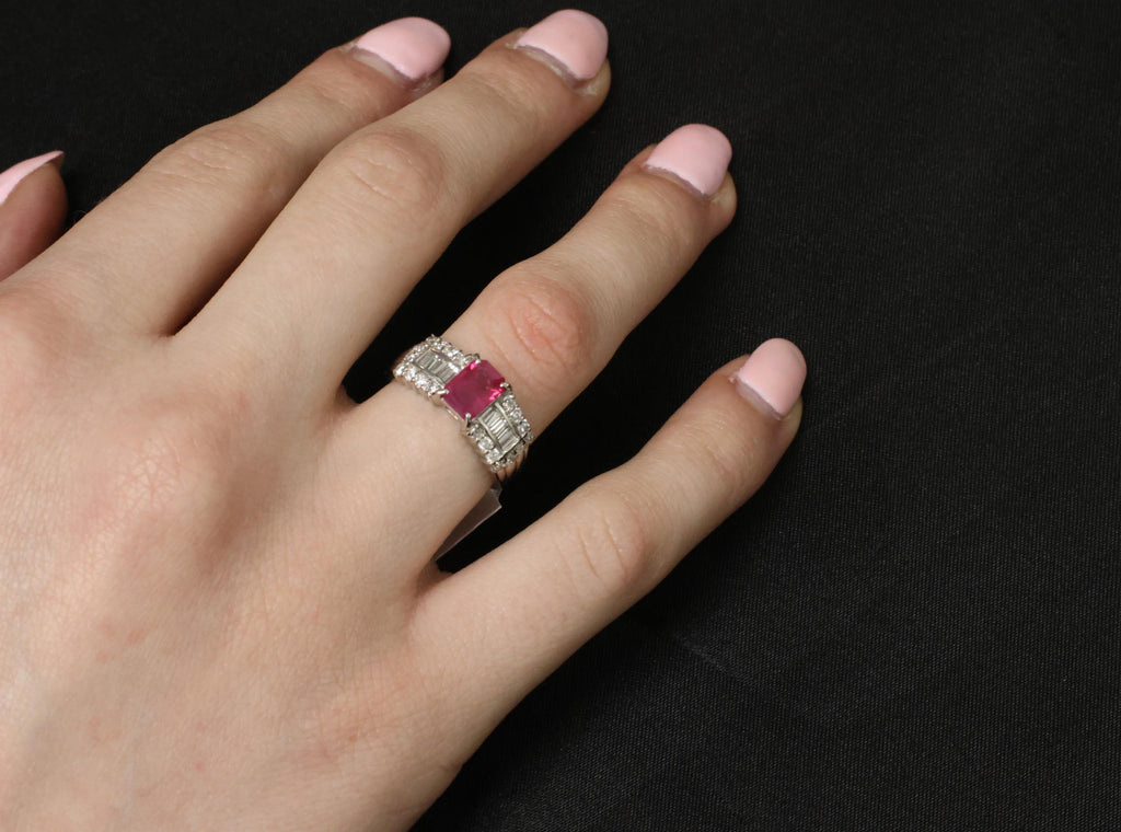Rare 1.15ct GIA Emerald Cut Burma Ruby 0.56ct Diamond Platinum Ring Size 6.5