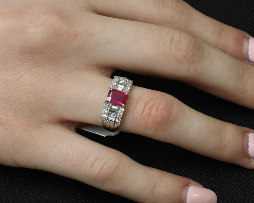 Rare 1.15ct GIA Emerald Cut Burma Ruby 0.56ct Diamond Platinum Ring Size 6.5