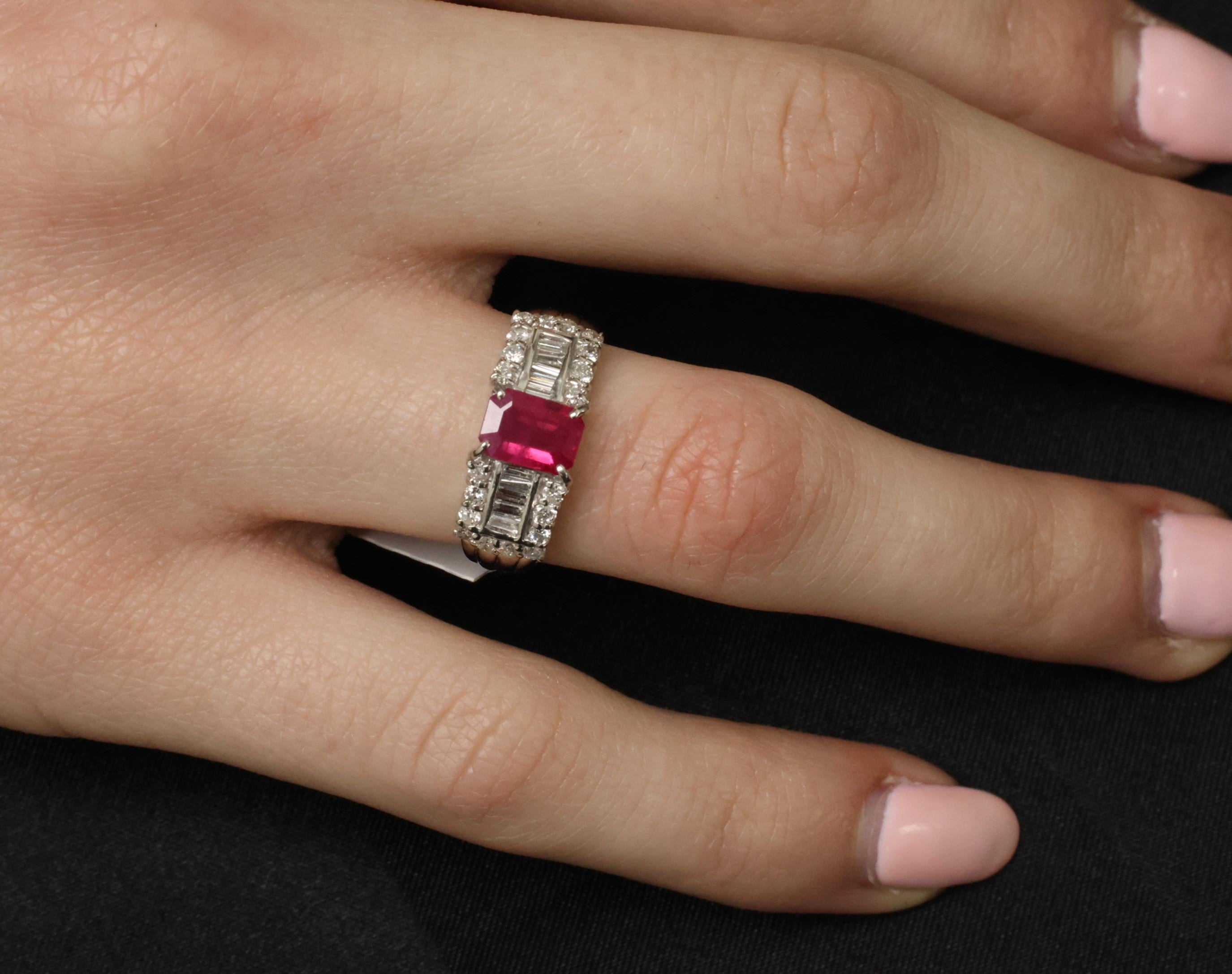 Rare 1.15ct GIA Emerald Cut Burma Ruby 0.56ct Diamond Platinum Ring Size 6.5