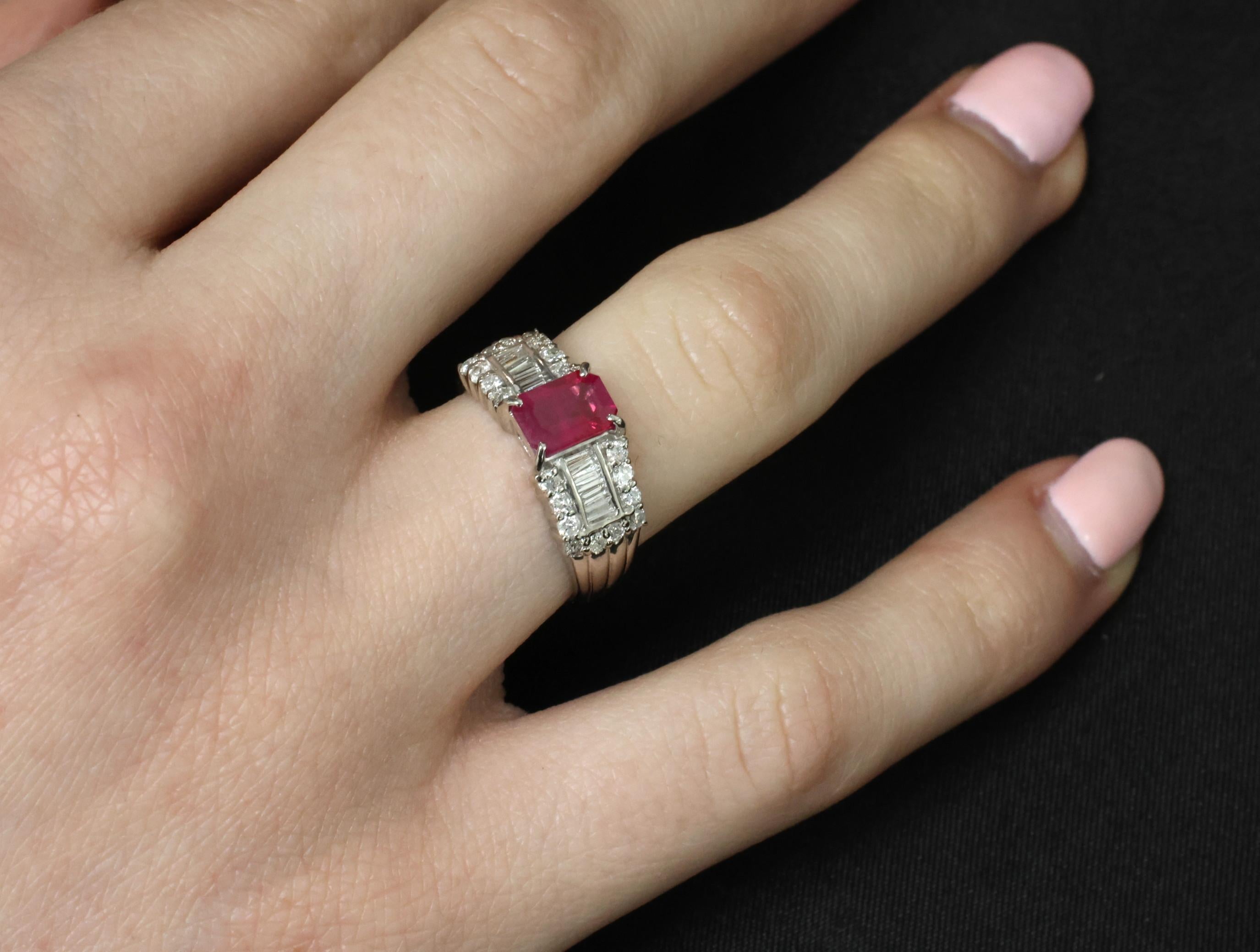 Rare 1.15ct GIA Emerald Cut Burma Ruby 0.56ct Diamond Platinum Ring Size 6.5