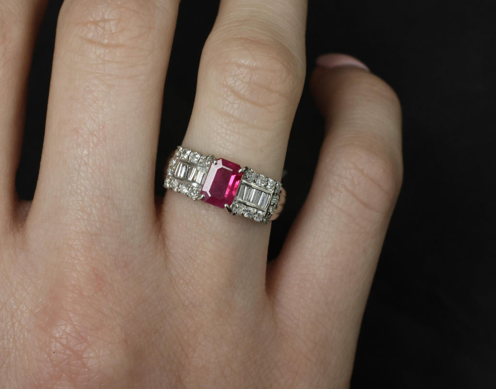 Rare 1.15ct GIA Emerald Cut Burma Ruby 0.56ct Diamond Platinum Ring Size 6.5