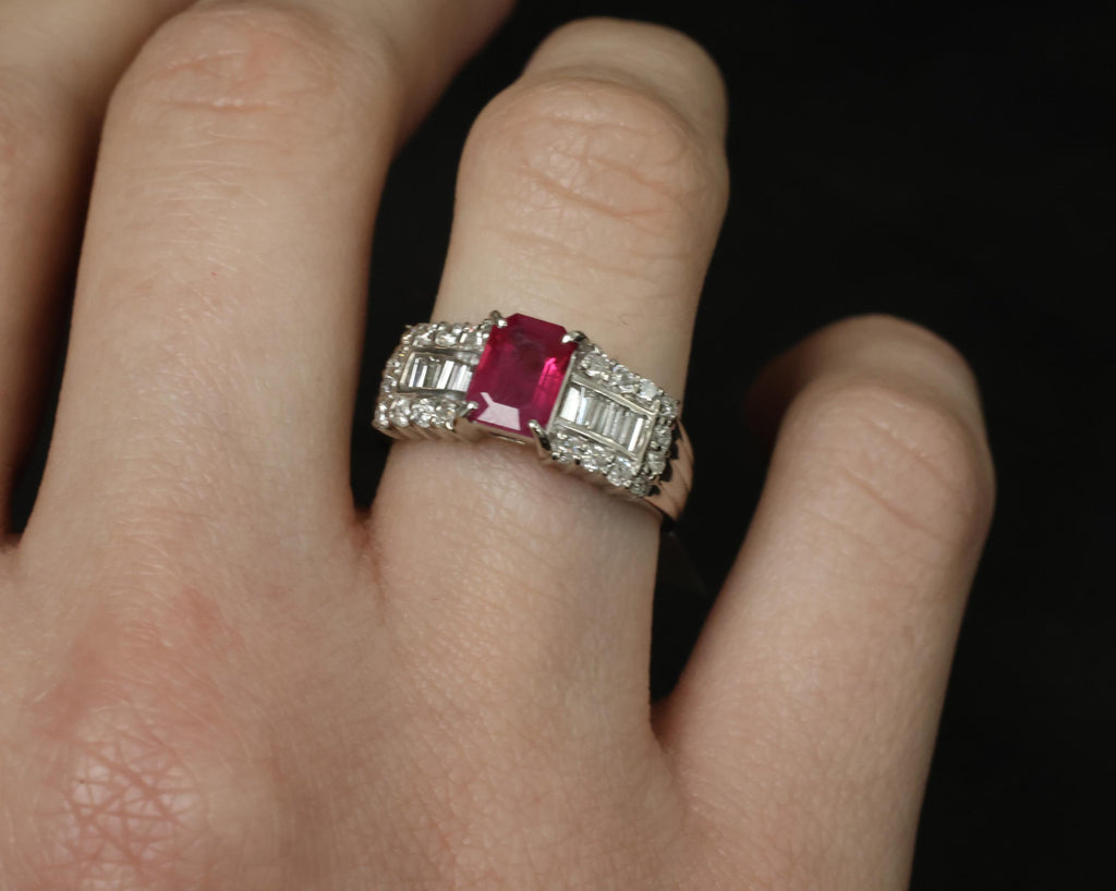 Rare 1.15ct GIA Emerald Cut Burma Ruby 0.56ct Diamond Platinum Ring Size 6.5