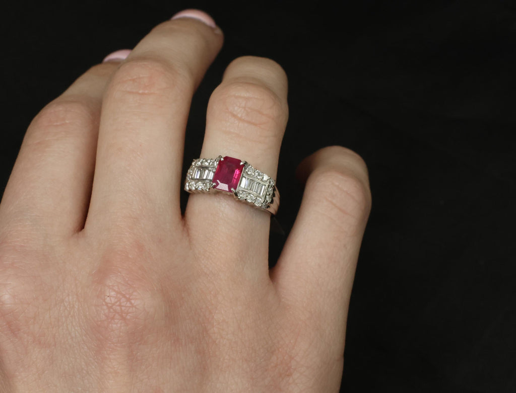 Rare 1.15ct GIA Emerald Cut Burma Ruby 0.56ct Diamond Platinum Ring Size 6.5