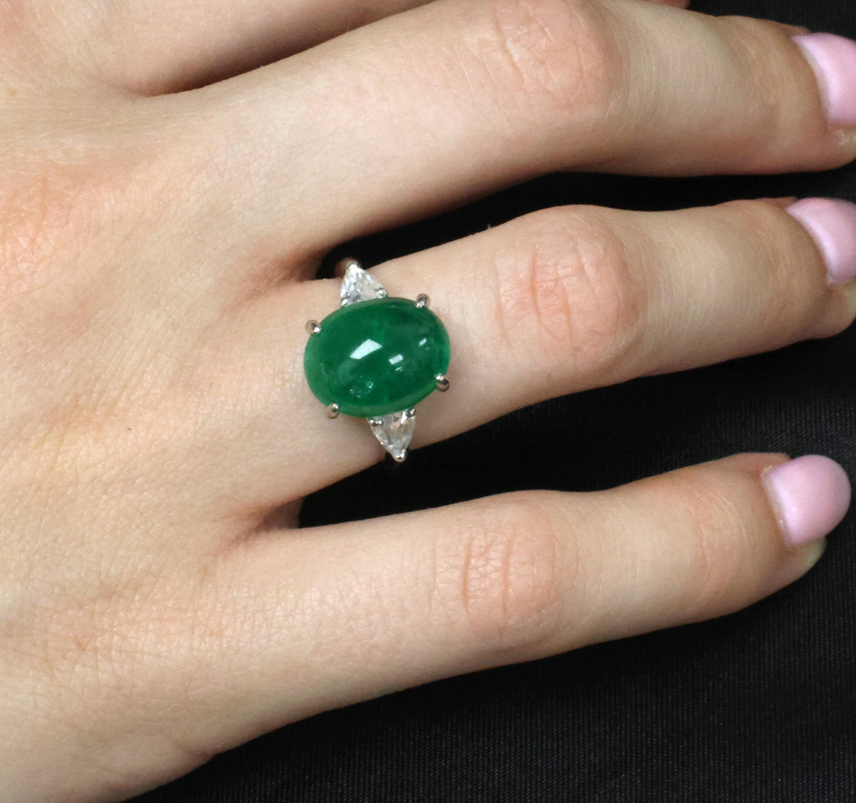 Fine 6.24ct Cabochon Cut Natural Emerald 0.46ct Diamond Platinum Ring Size 5.75