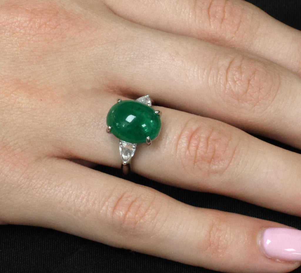 Fine 6.24ct Cabochon Cut Natural Emerald 0.46ct Diamond Platinum Ring Size 5.75