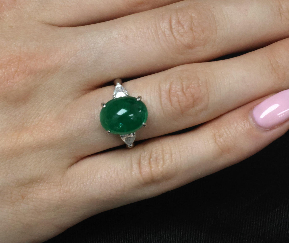Fine 6.24ct Cabochon Cut Natural Emerald 0.46ct Diamond Platinum Ring Size 5.75