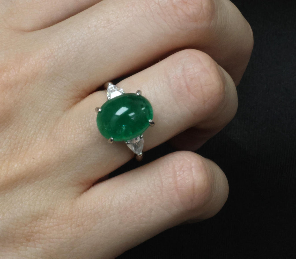 Fine 6.24ct Cabochon Cut Natural Emerald 0.46ct Diamond Platinum Ring Size 5.75