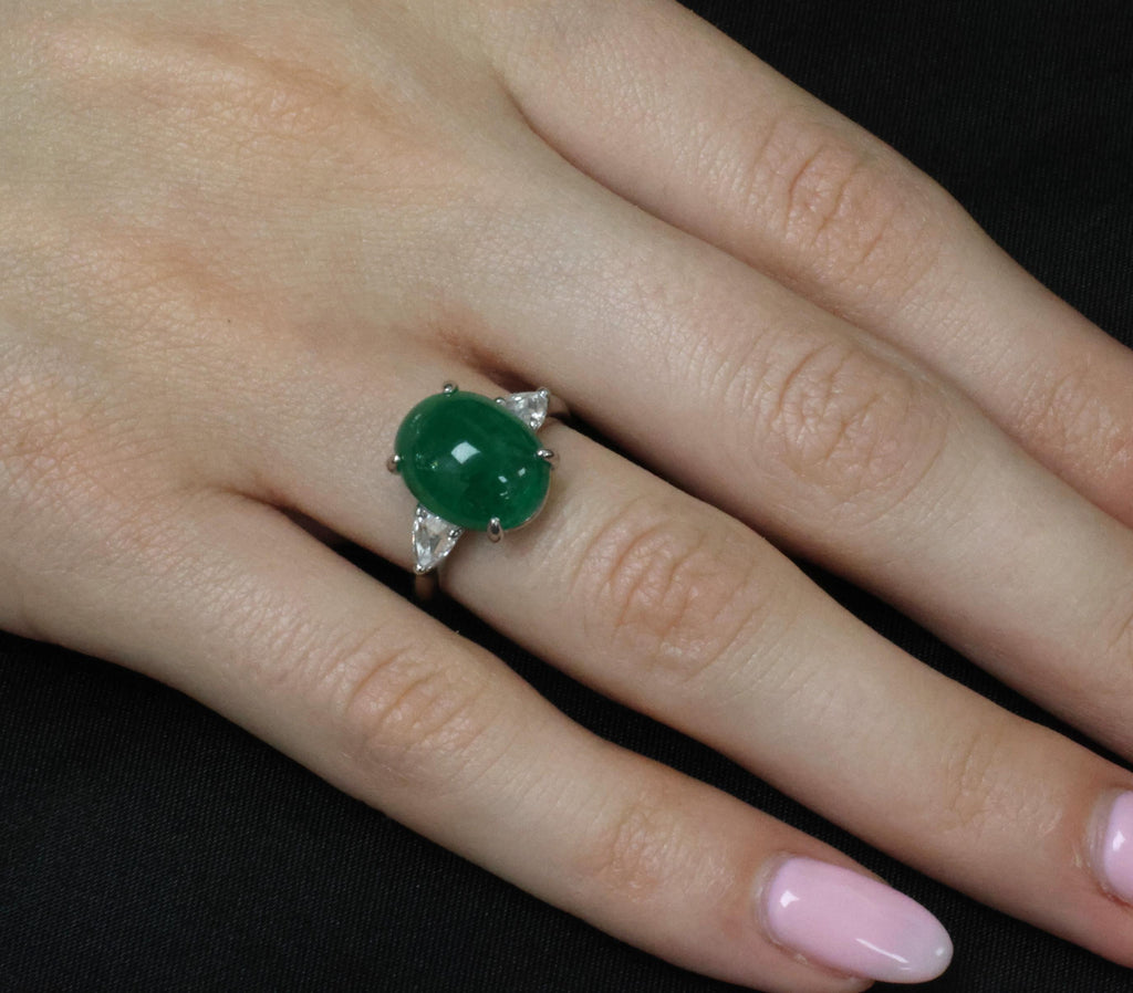 Fine 6.24ct Cabochon Cut Natural Emerald 0.46ct Diamond Platinum Ring Size 5.75