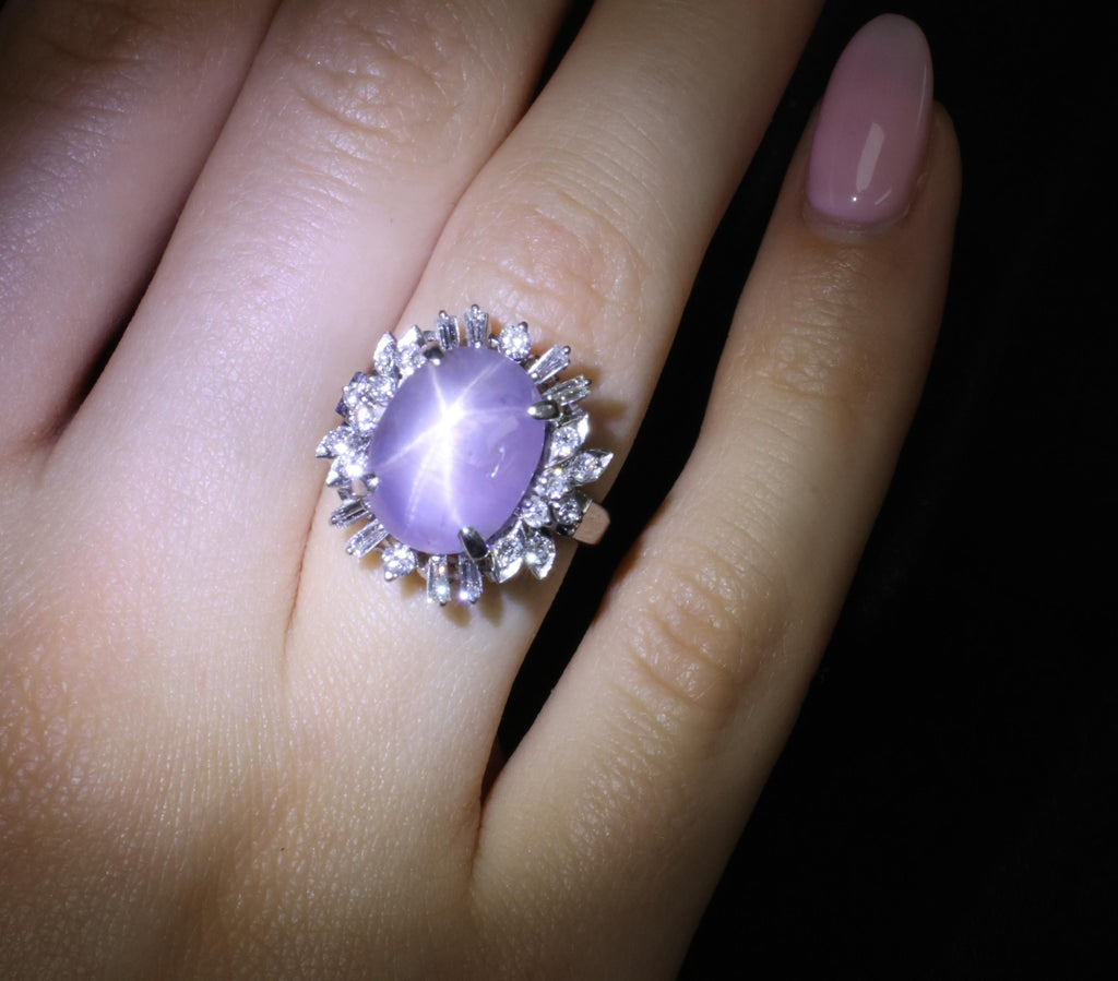 14.35ct Natural Purple Star Sapphire & 0.66ct Diamond Platinum Ring, Size 5.25