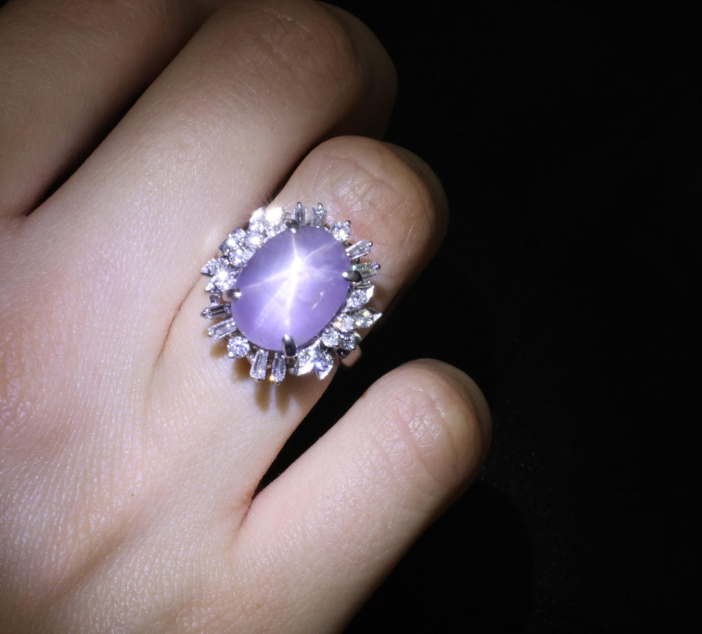 14.35ct Natural Purple Star Sapphire & 0.66ct Diamond Platinum Ring, Size 5.25
