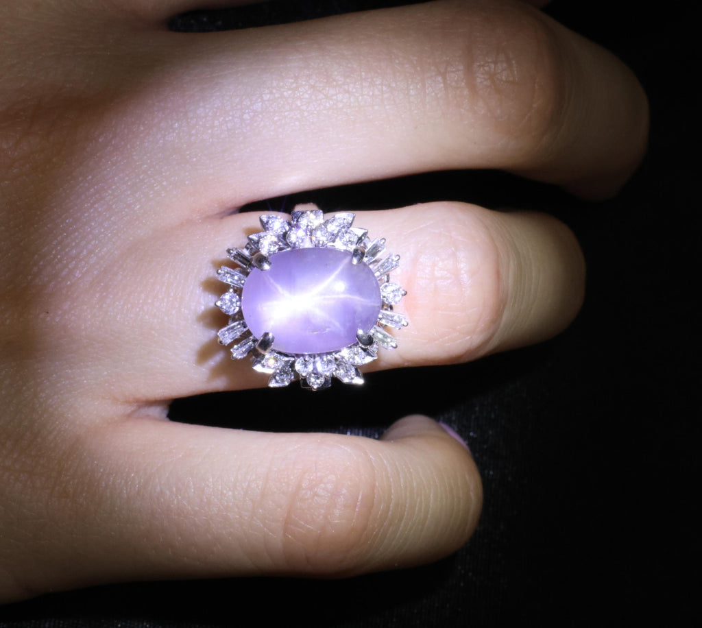 14.35ct Natural Purple Star Sapphire & 0.66ct Diamond Platinum Ring, Size 5.25