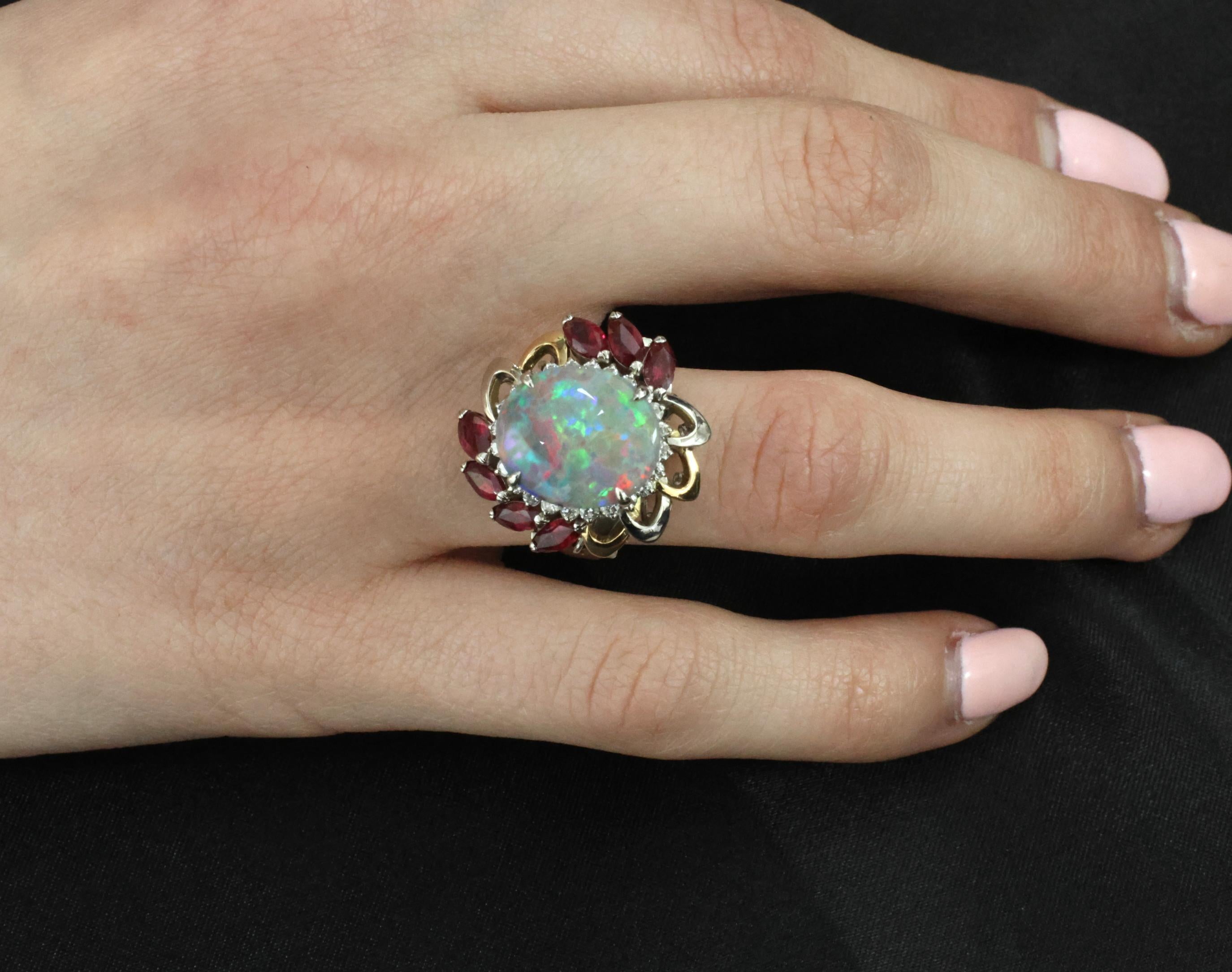 4.08ct Black Opal 2.08ct Ruby 0.46ct Diamond Platinum & 18K Gold Ring Size 6.75