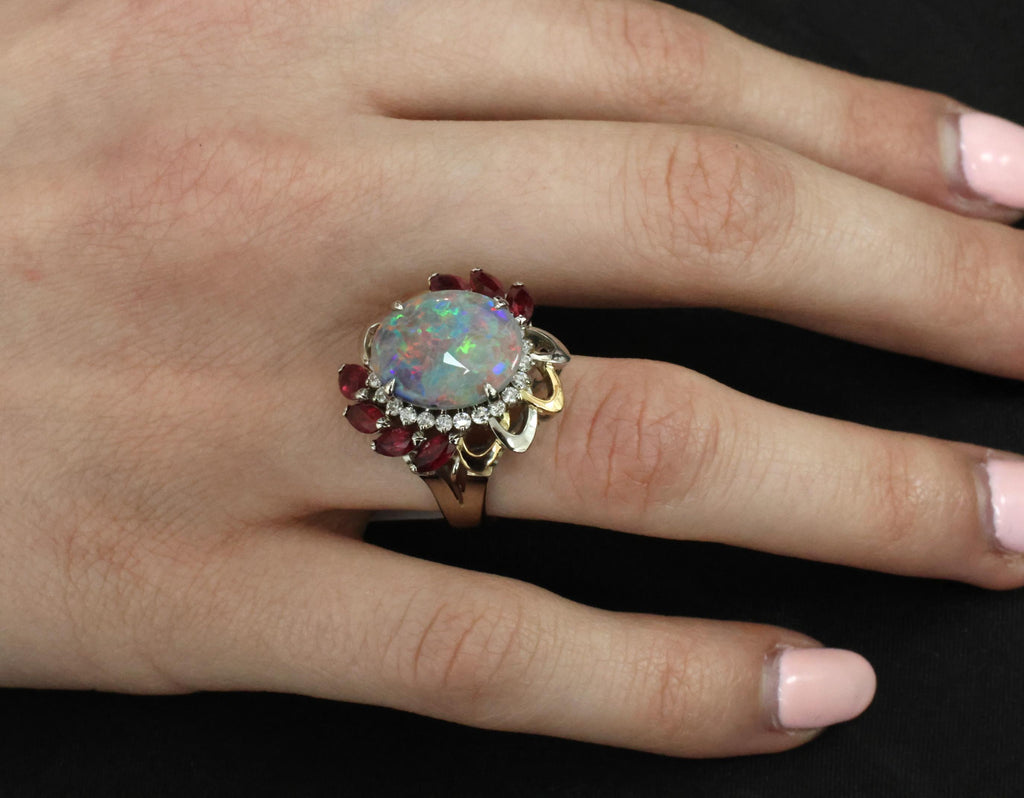 4.08ct Black Opal 2.08ct Ruby 0.46ct Diamond Platinum & 18K Gold Ring Size 6.75