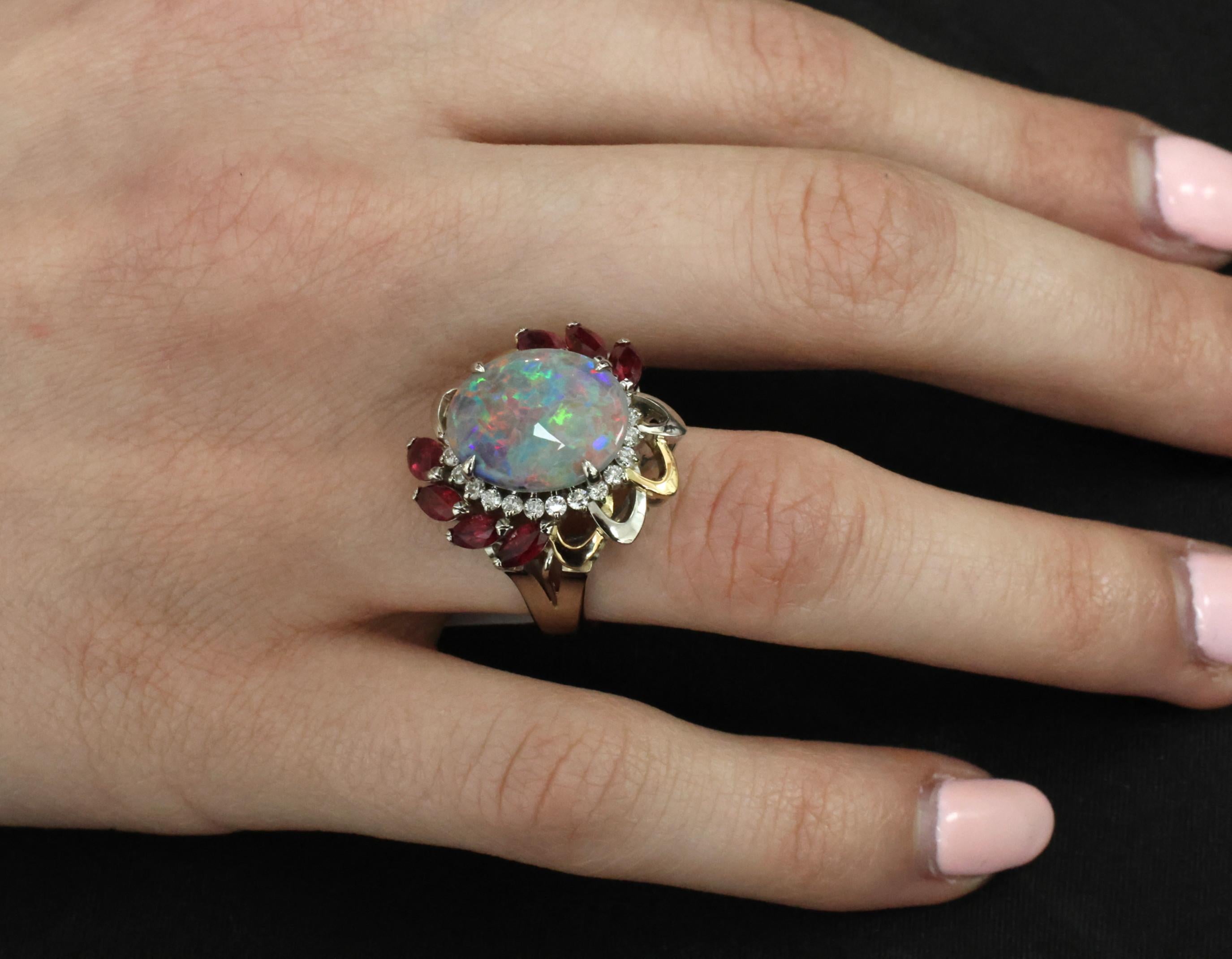 4.08ct Black Opal 2.08ct Ruby 0.46ct Diamond Platinum & 18K Gold Ring Size 6.75