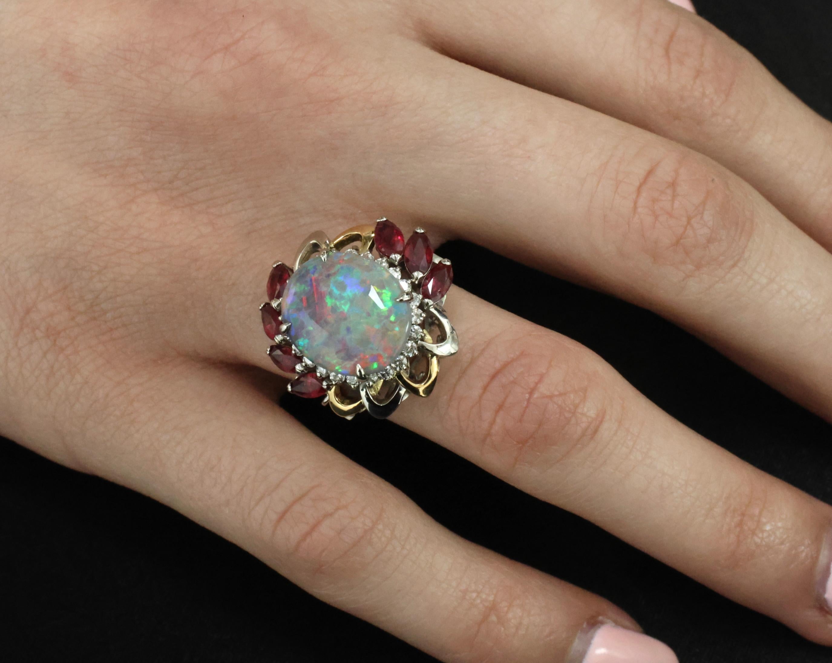 4.08ct Black Opal 2.08ct Ruby 0.46ct Diamond Platinum & 18K Gold Ring Size 6.75
