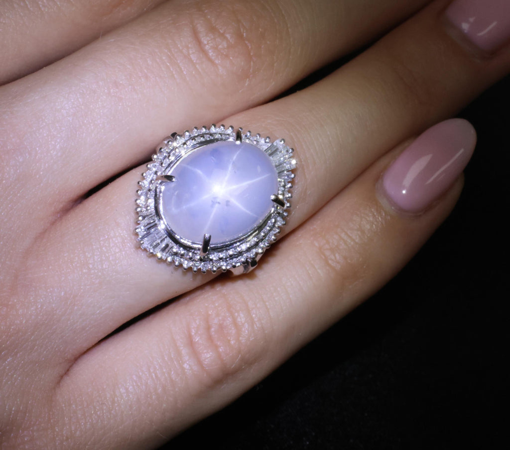 Rare 22.72ct Natural Blue Star Sapphire & 0.74ct Diamond Platinum Ring Size 6.25