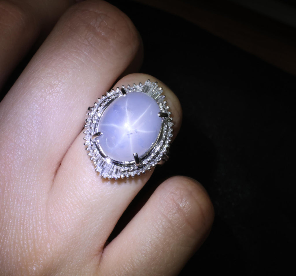 Rare 22.72ct Natural Blue Star Sapphire & 0.74ct Diamond Platinum Ring Size 6.25