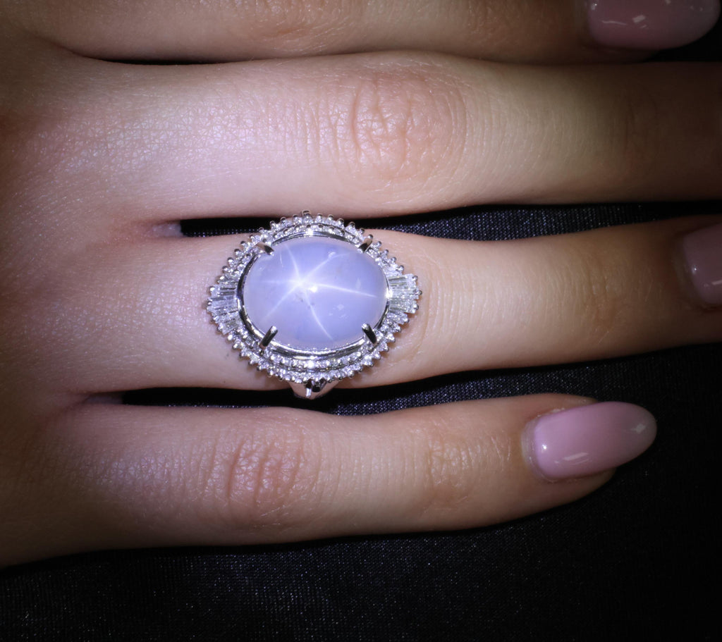 Rare 22.72ct Natural Blue Star Sapphire & 0.74ct Diamond Platinum Ring Size 6.25