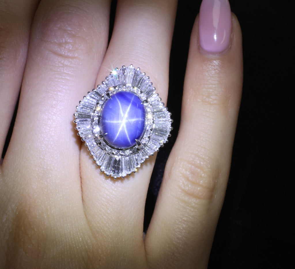 12.05ct Natural Blue Star Sapphire & 2.41ct Diamond Halo Platinum Ring, Size 5.5