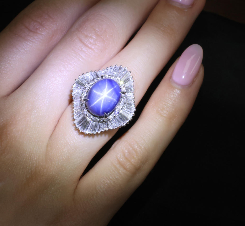 12.05ct Natural Blue Star Sapphire & 2.41ct Diamond Halo Platinum Ring, Size 5.5