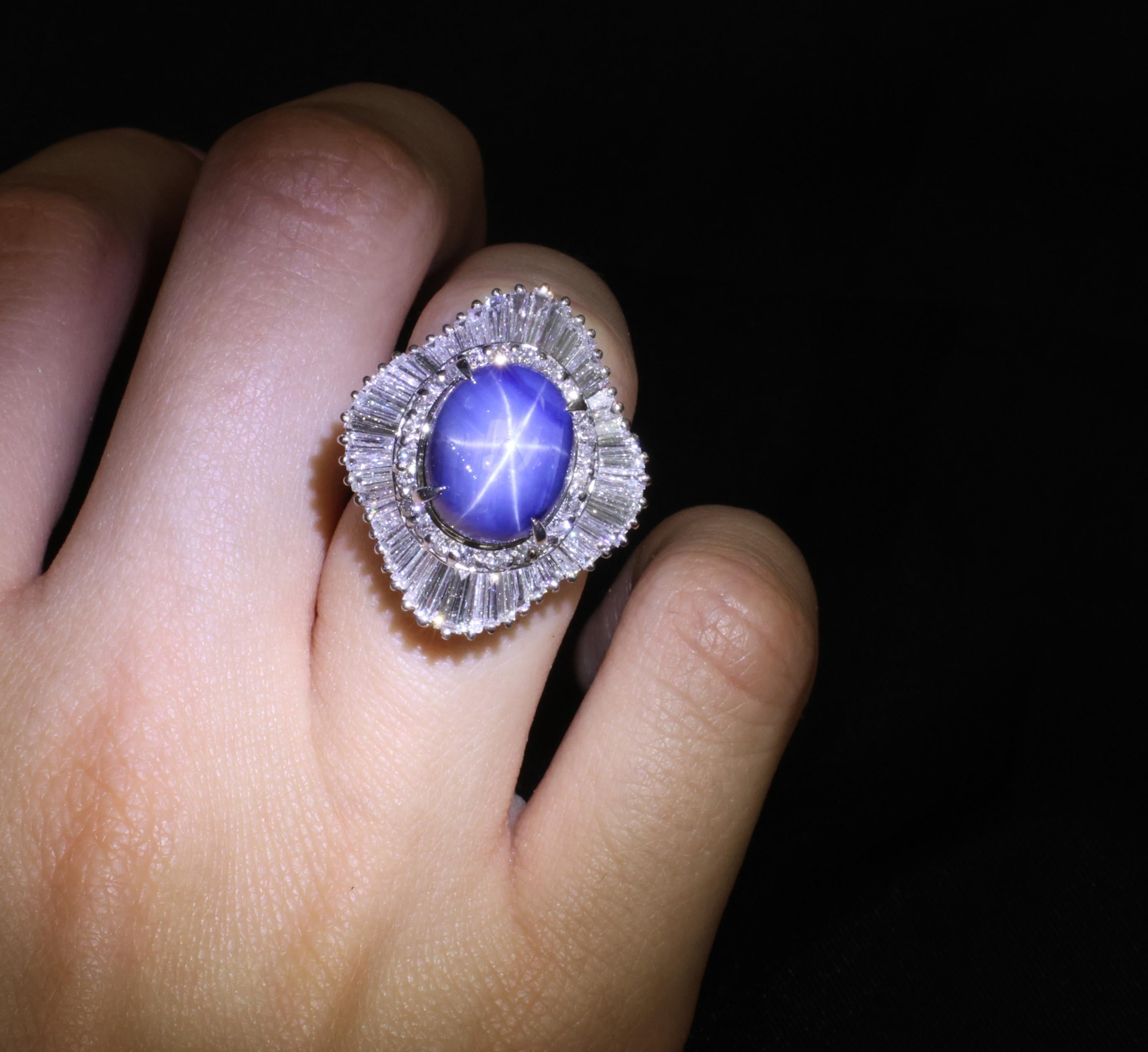 12.05ct Natural Blue Star Sapphire & 2.41ct Diamond Halo Platinum Ring, Size 5.5
