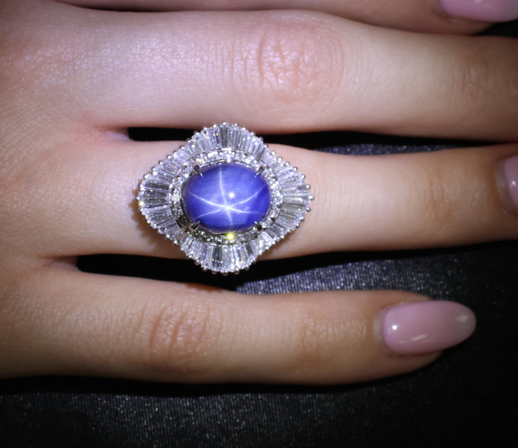 12.05ct Natural Blue Star Sapphire & 2.41ct Diamond Halo Platinum Ring, Size 5.5