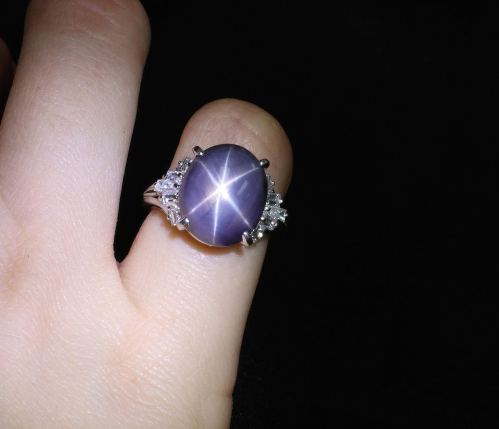 7.62ct Natural Purple Star Sapphire & 0.37ct Diamond Halo Platinum Ring, Size 4