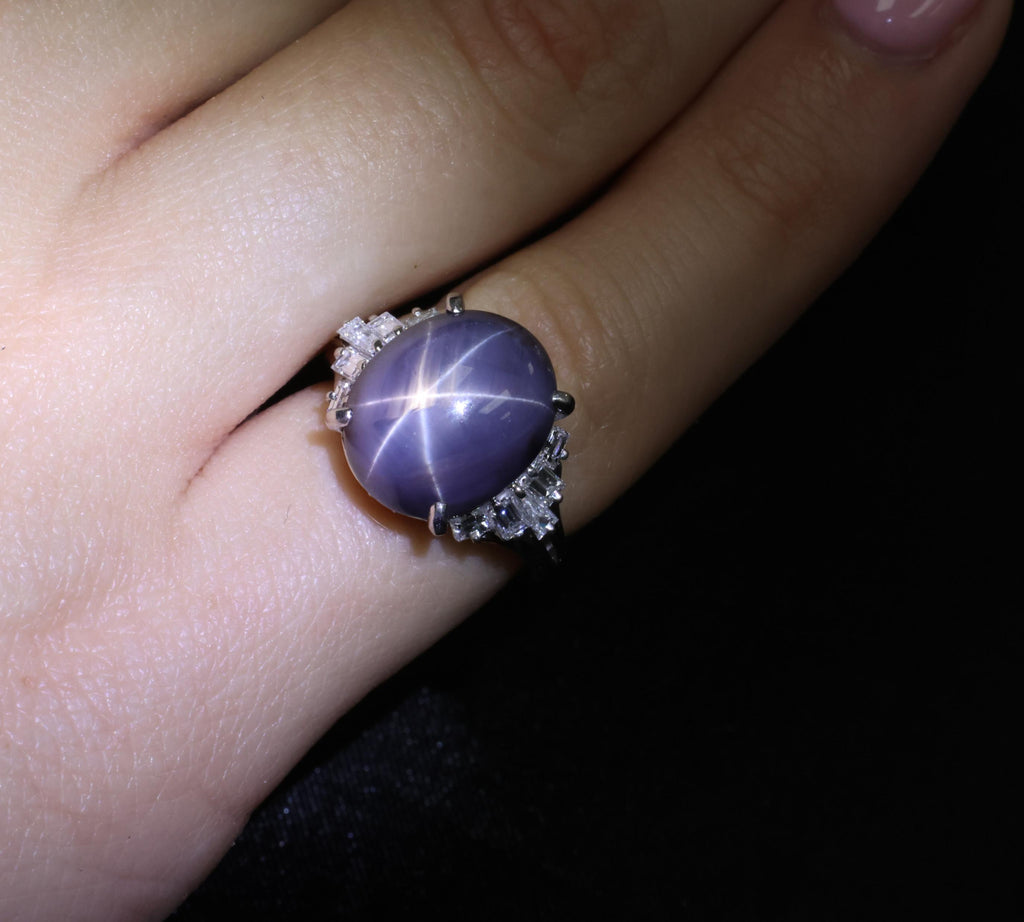 7.62ct Natural Purple Star Sapphire & 0.37ct Diamond Halo Platinum Ring, Size 4