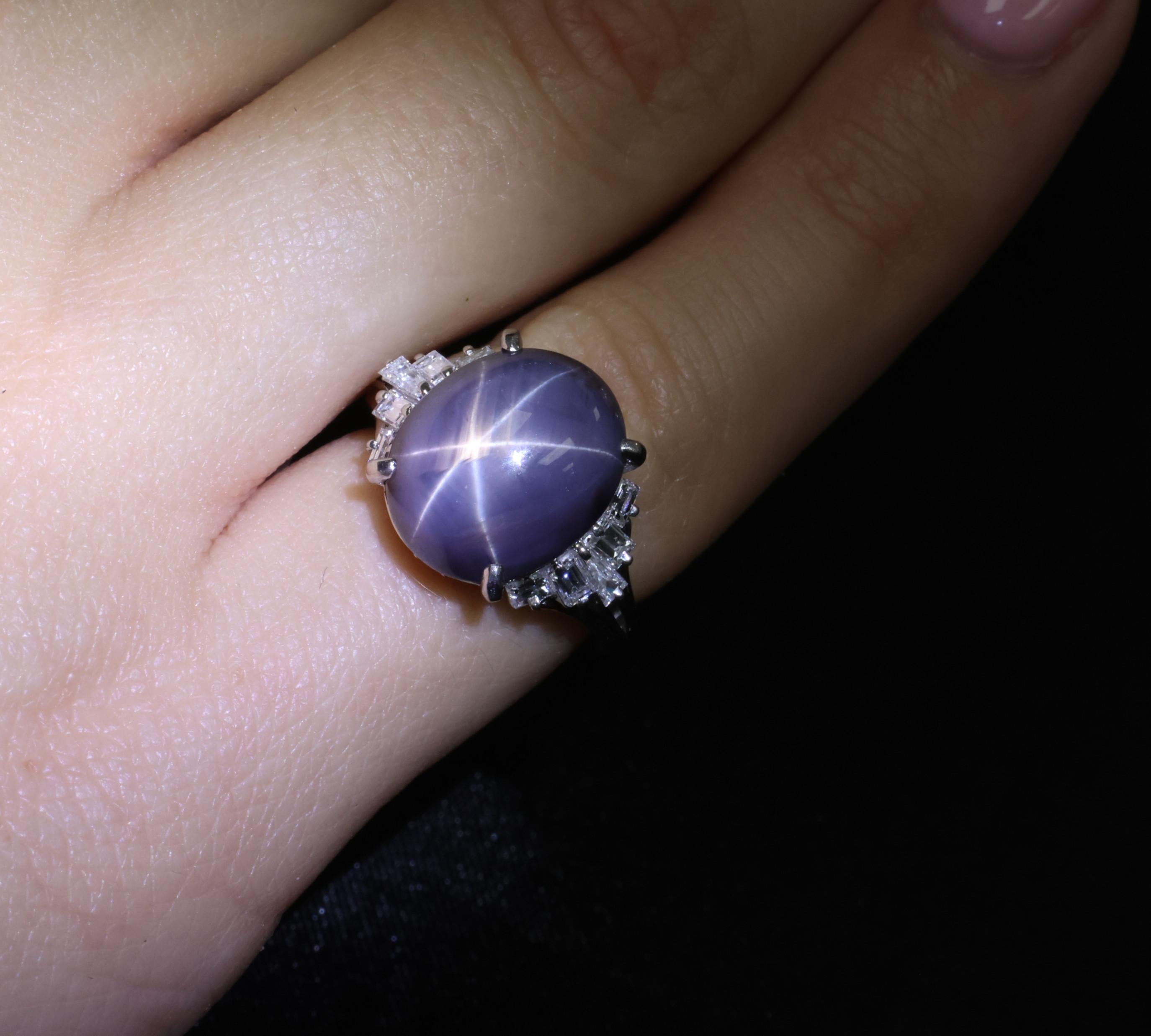 7.62ct Natural Purple Star Sapphire & 0.37ct Diamond Halo Platinum Ring, Size 4