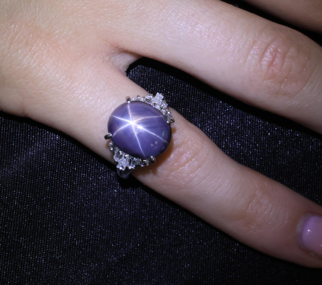7.62ct Natural Purple Star Sapphire & 0.37ct Diamond Halo Platinum Ring, Size 4