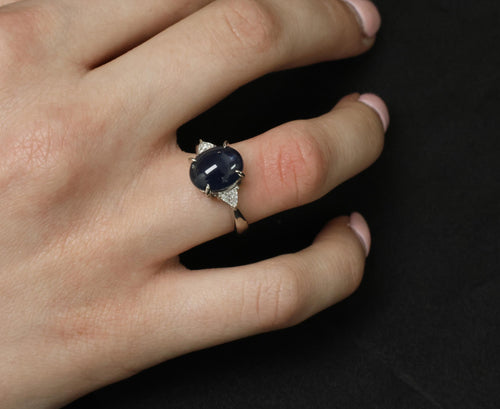 4.54ct Natural Untreated Blue Sapphire & 0.21ct Diamond Platinum Ring Size 6.75