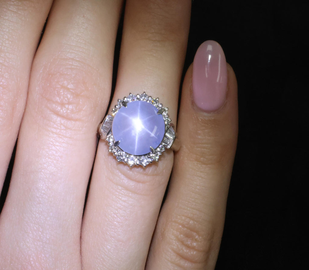 Fine 7.73ct Natural Blue Star Sapphire 0.75ct Diamond Halo Platinum Ring Size 5