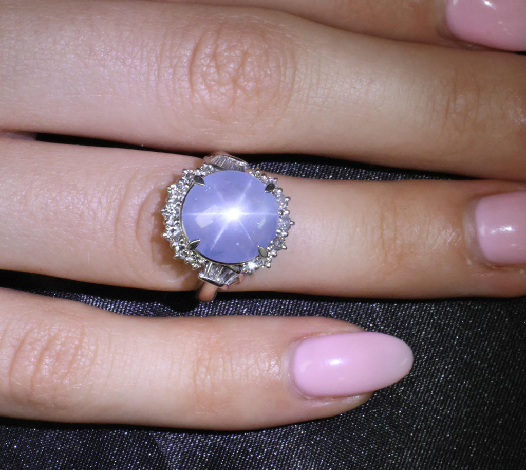 Fine 7.73ct Natural Blue Star Sapphire 0.75ct Diamond Halo Platinum Ring Size 5