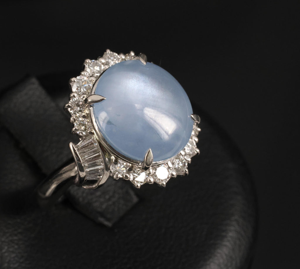 Fine 7.73ct Natural Blue Star Sapphire 0.75ct Diamond Halo Platinum Ring Size 5