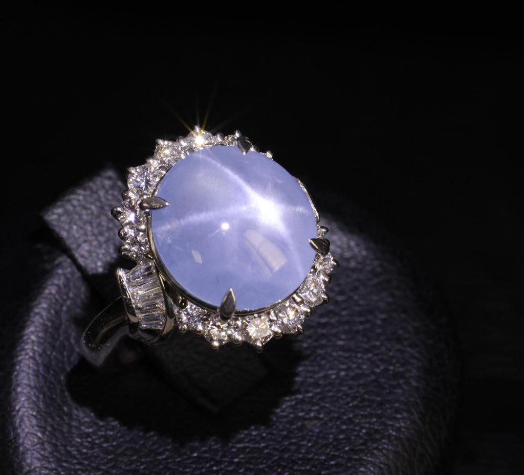 Fine 7.73ct Natural Blue Star Sapphire 0.75ct Diamond Halo Platinum Ring Size 5