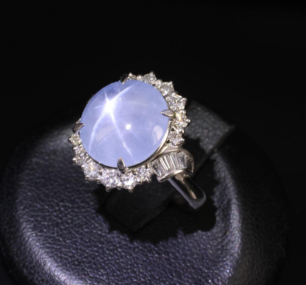 Fine 7.73ct Natural Blue Star Sapphire 0.75ct Diamond Halo Platinum Ring Size 5