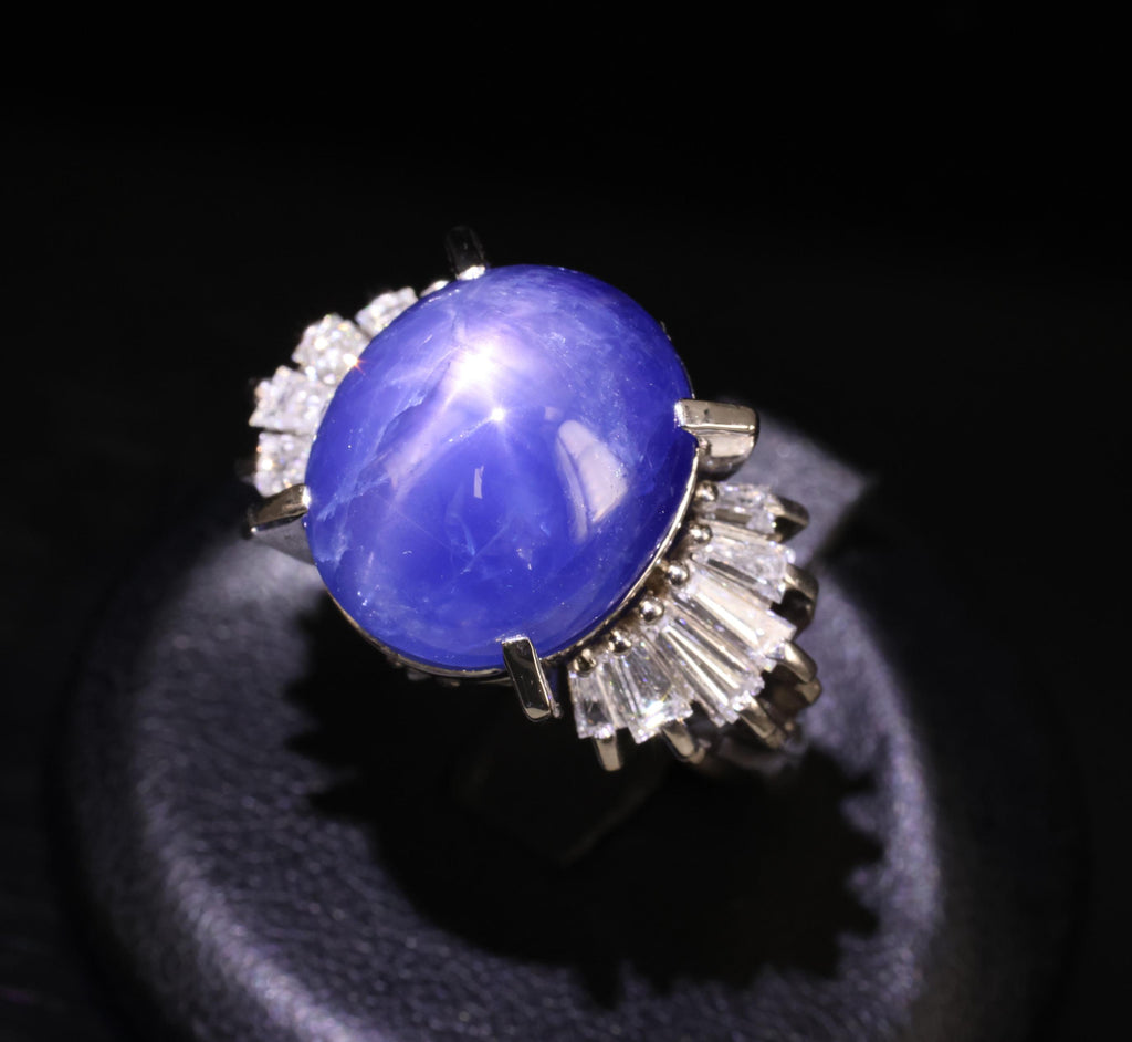 Rare 16.50ct Natural Blue Star Sapphire & 1.15ct Diamond Platinum Ring, Size 5.5