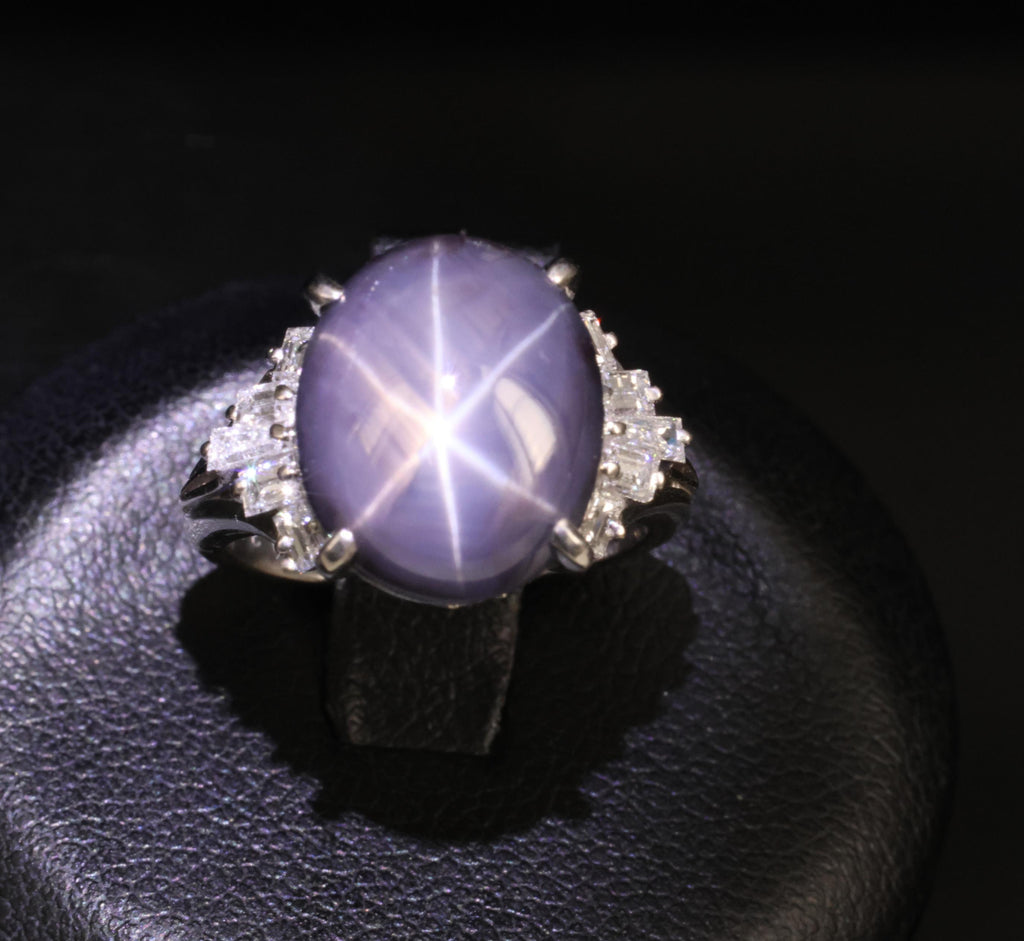 7.62ct Natural Purple Star Sapphire & 0.37ct Diamond Halo Platinum Ring, Size 4