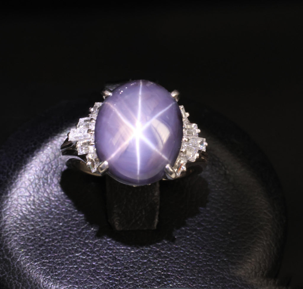 7.62ct Natural Purple Star Sapphire & 0.37ct Diamond Halo Platinum Ring, Size 4