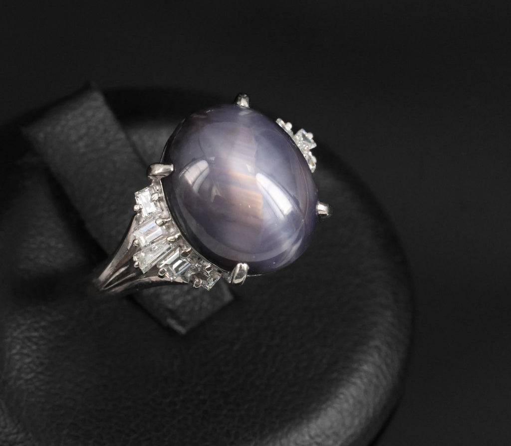 7.62ct Natural Purple Star Sapphire & 0.37ct Diamond Halo Platinum Ring, Size 4