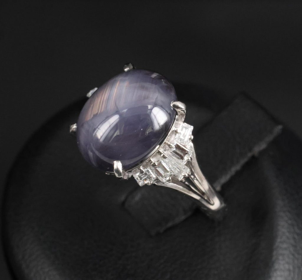 7.62ct Natural Purple Star Sapphire & 0.37ct Diamond Halo Platinum Ring, Size 4