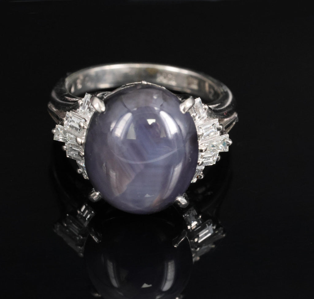 7.62ct Natural Purple Star Sapphire & 0.37ct Diamond Halo Platinum Ring, Size 4