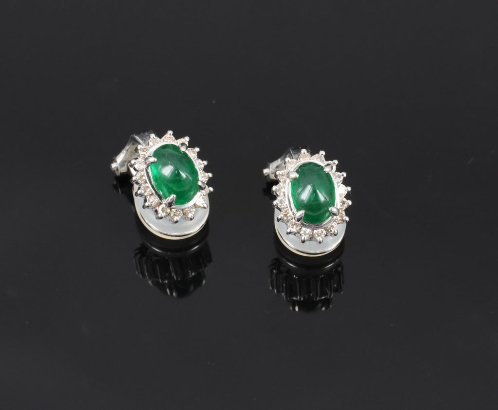 Fine 1.67ct Cabochon Emerald 0.32ct Diamond Platinum & White Gold Clip Earrings
