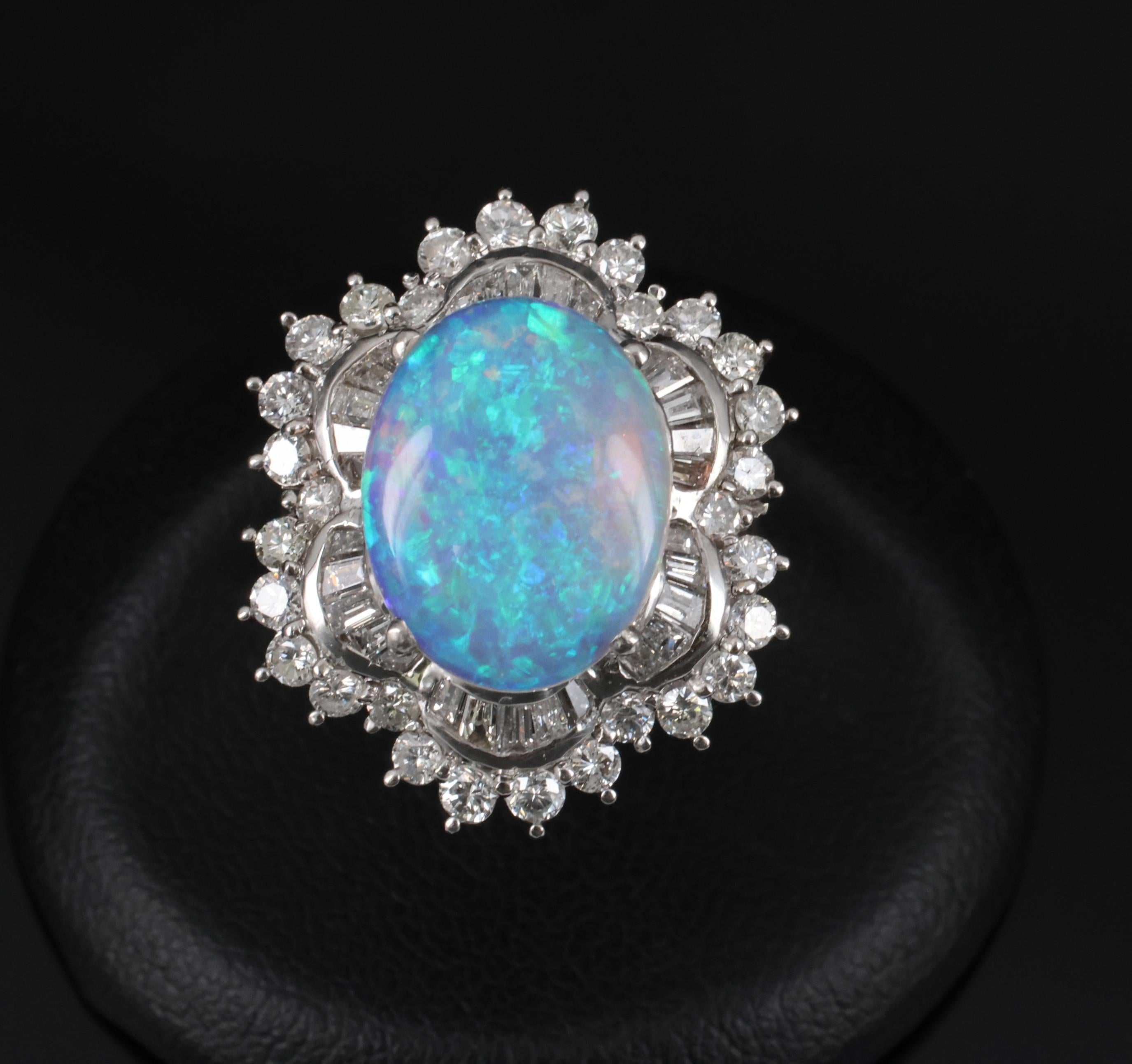 3.22ct Natural Untreated Opal & 2.16ct Diamond Halo Platinum Ring, Size 4.75