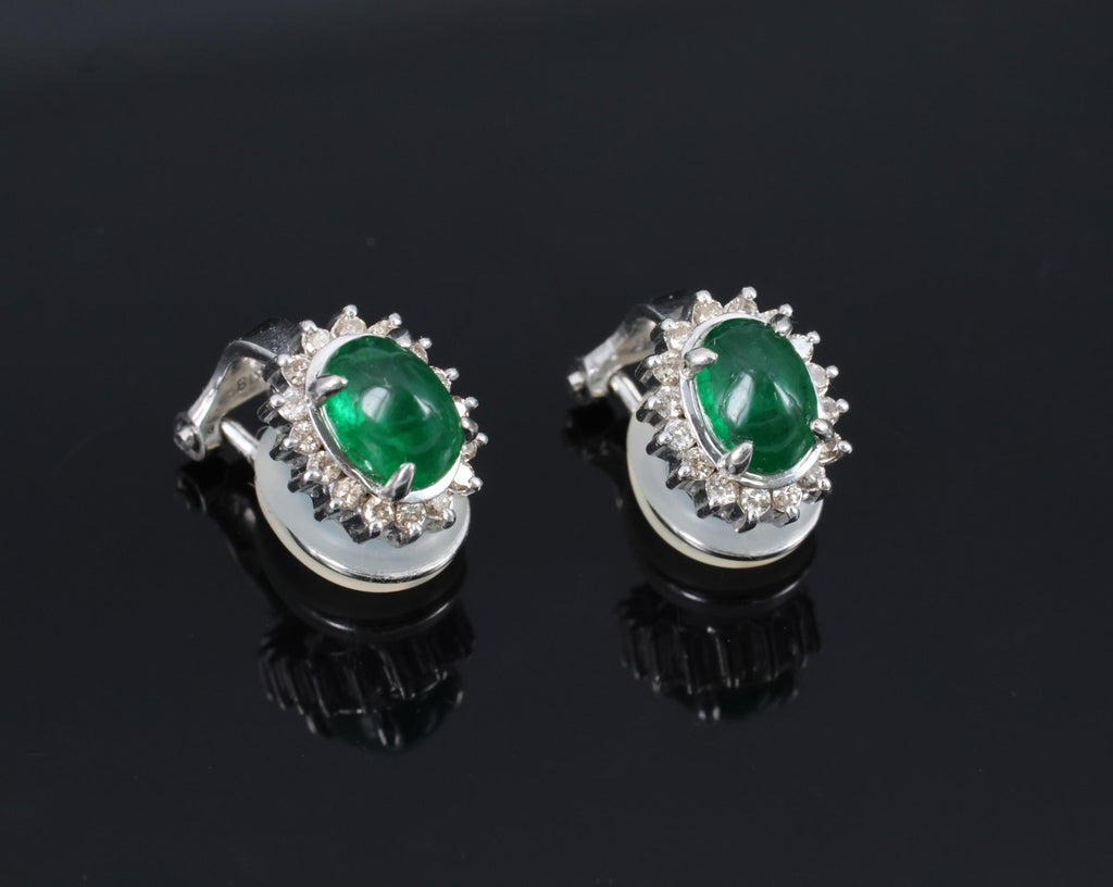 Fine 1.67ct Cabochon Emerald 0.32ct Diamond Platinum & White Gold Clip Earrings