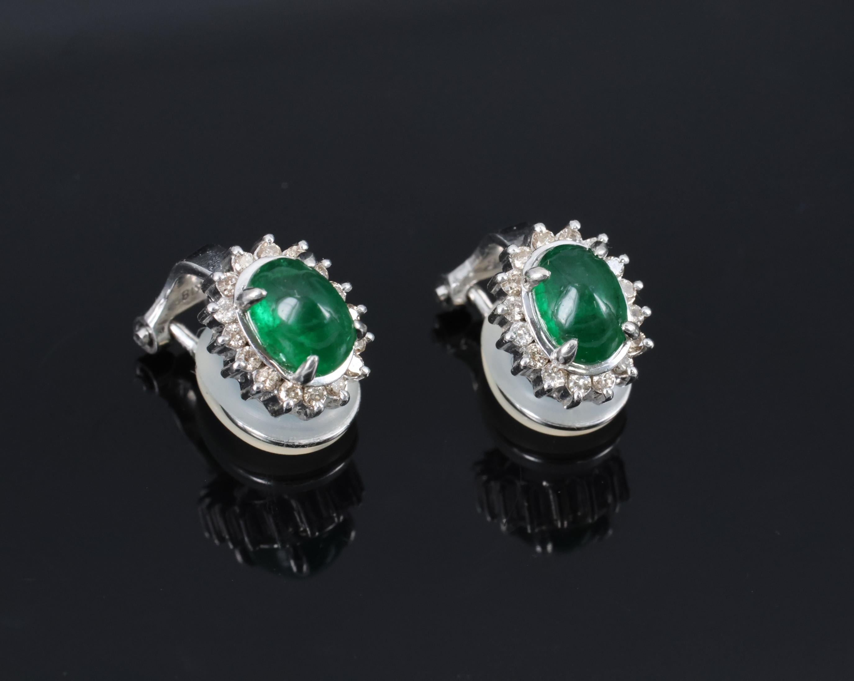 Fine 1.67ct Cabochon Emerald 0.32ct Diamond Platinum & White Gold Clip Earrings
